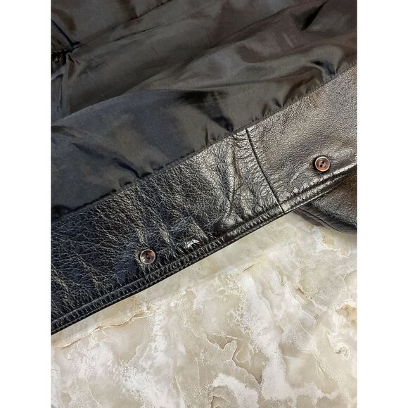 Vintage Leather Coat Jacket Black Knee Length Button Front Career - Picture 6 of 11